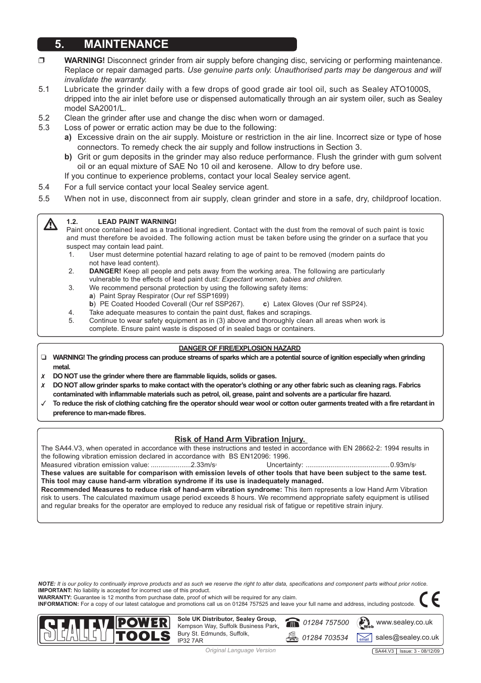 Maintenance | Sealey SA44 User Manual | Page 3 / 3