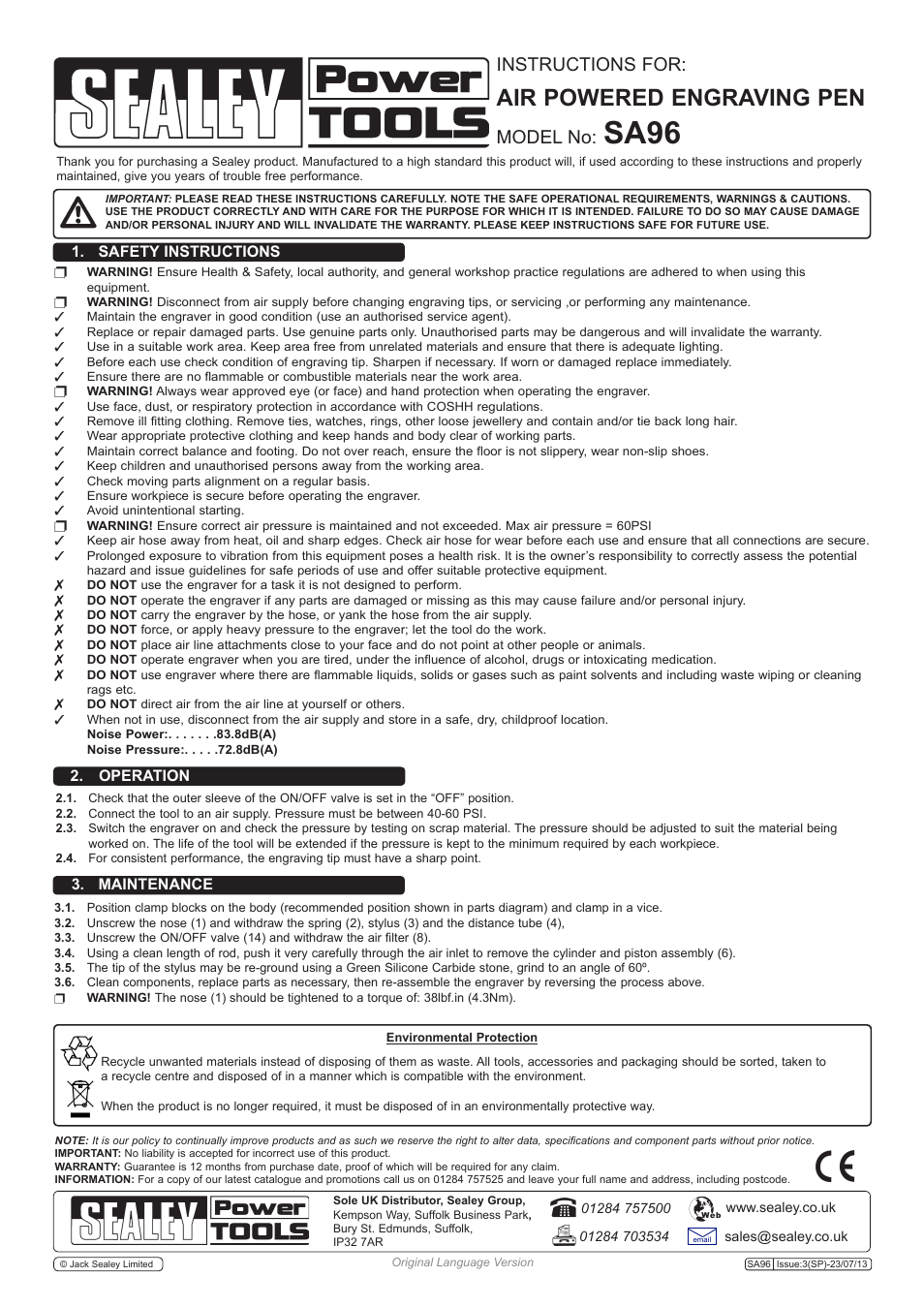 Sealey SA96 User Manual | 2 pages