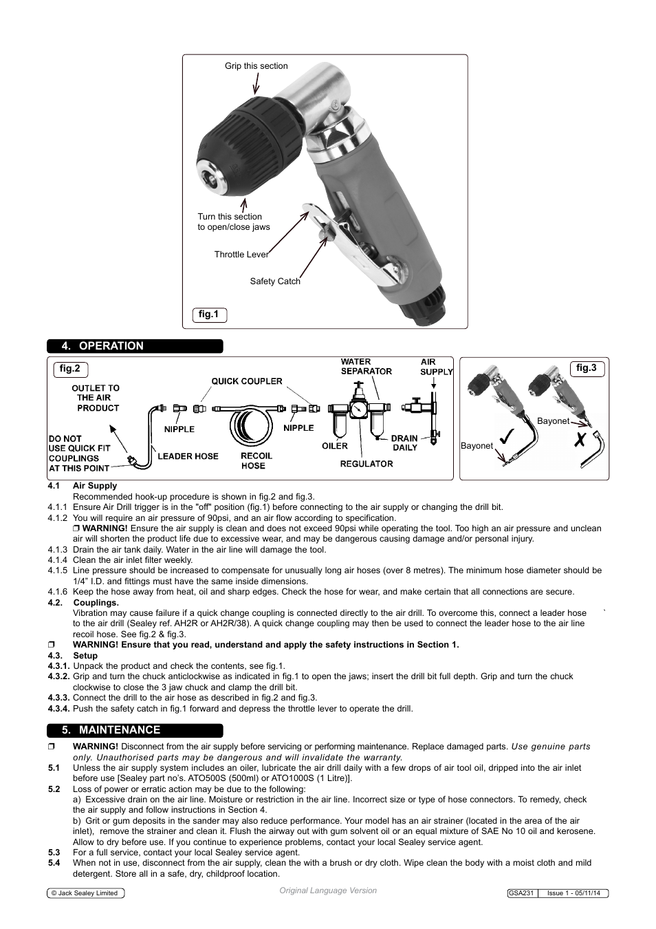 Operation 5. maintenance | Sealey GSA231 User Manual | Page 2 / 3
