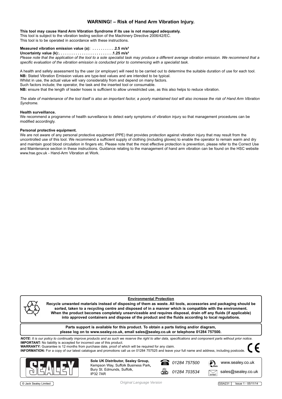 Warning! – risk of hand arm vibration injury | Sealey GSA231 User Manual | Page 3 / 3