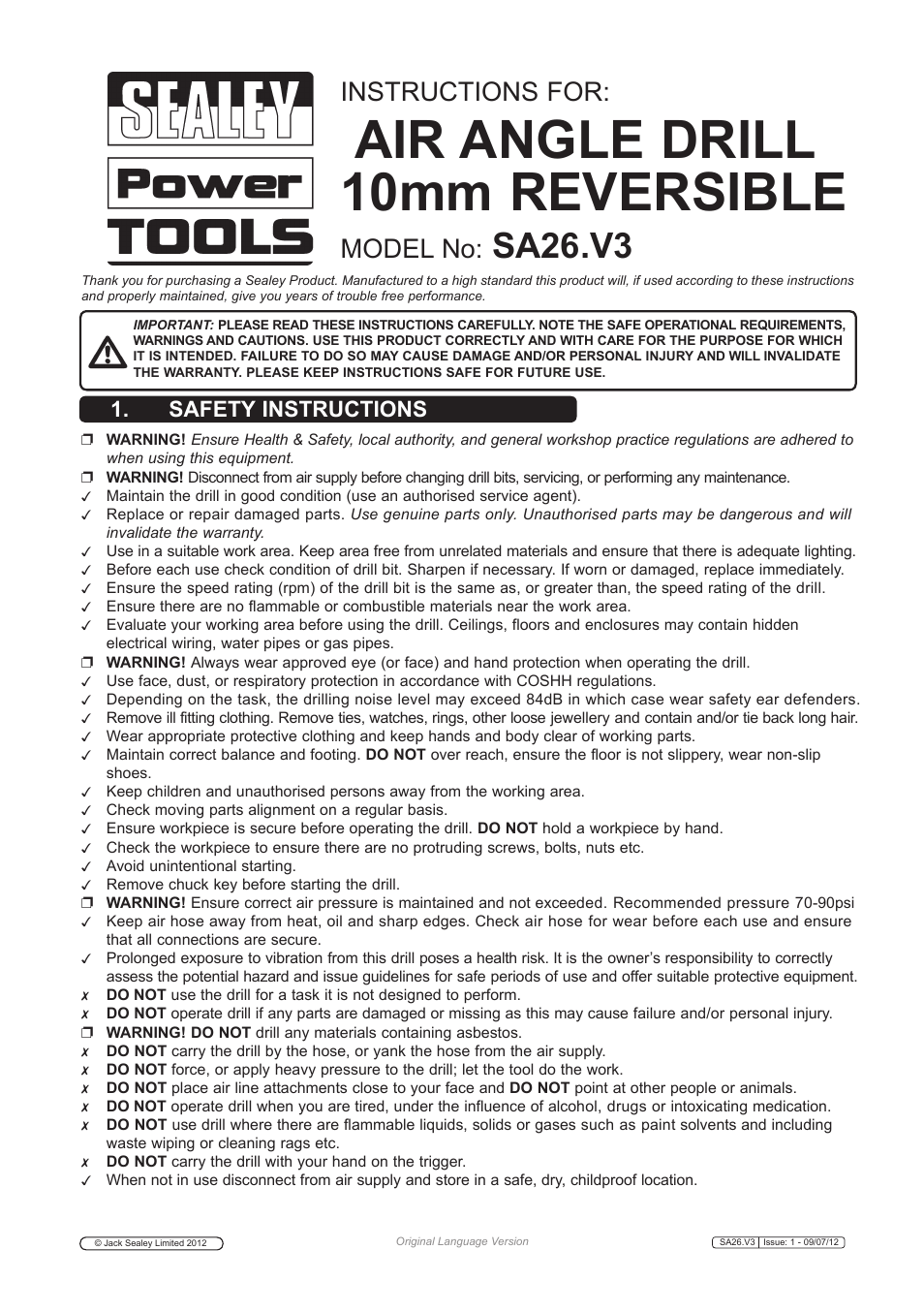 Sealey SA26 User Manual | 5 pages