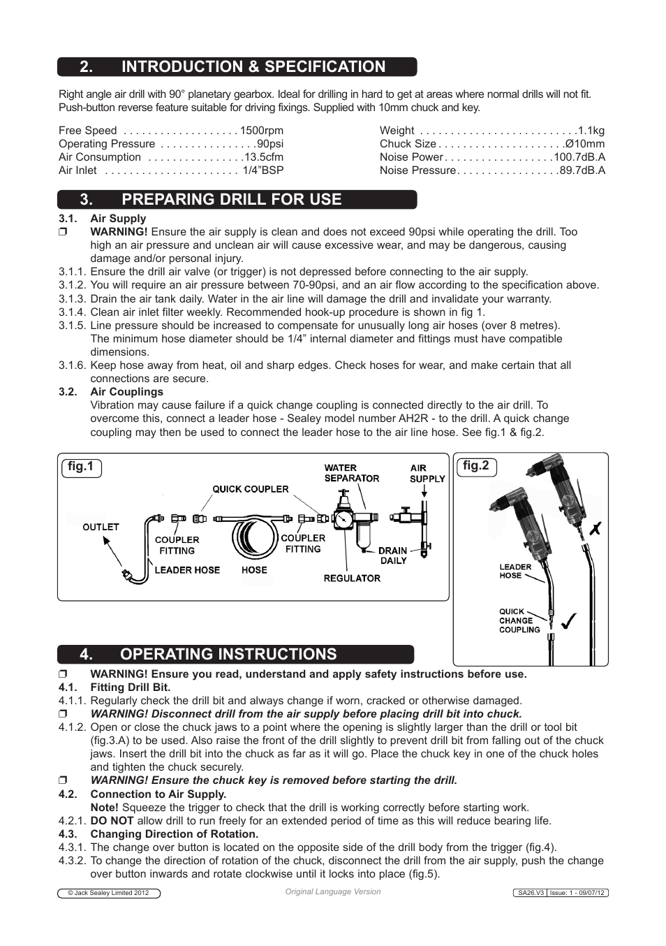 Introduction & specification, Preparing drill for use 4. operating instructions | Sealey SA26 User Manual | Page 2 / 5