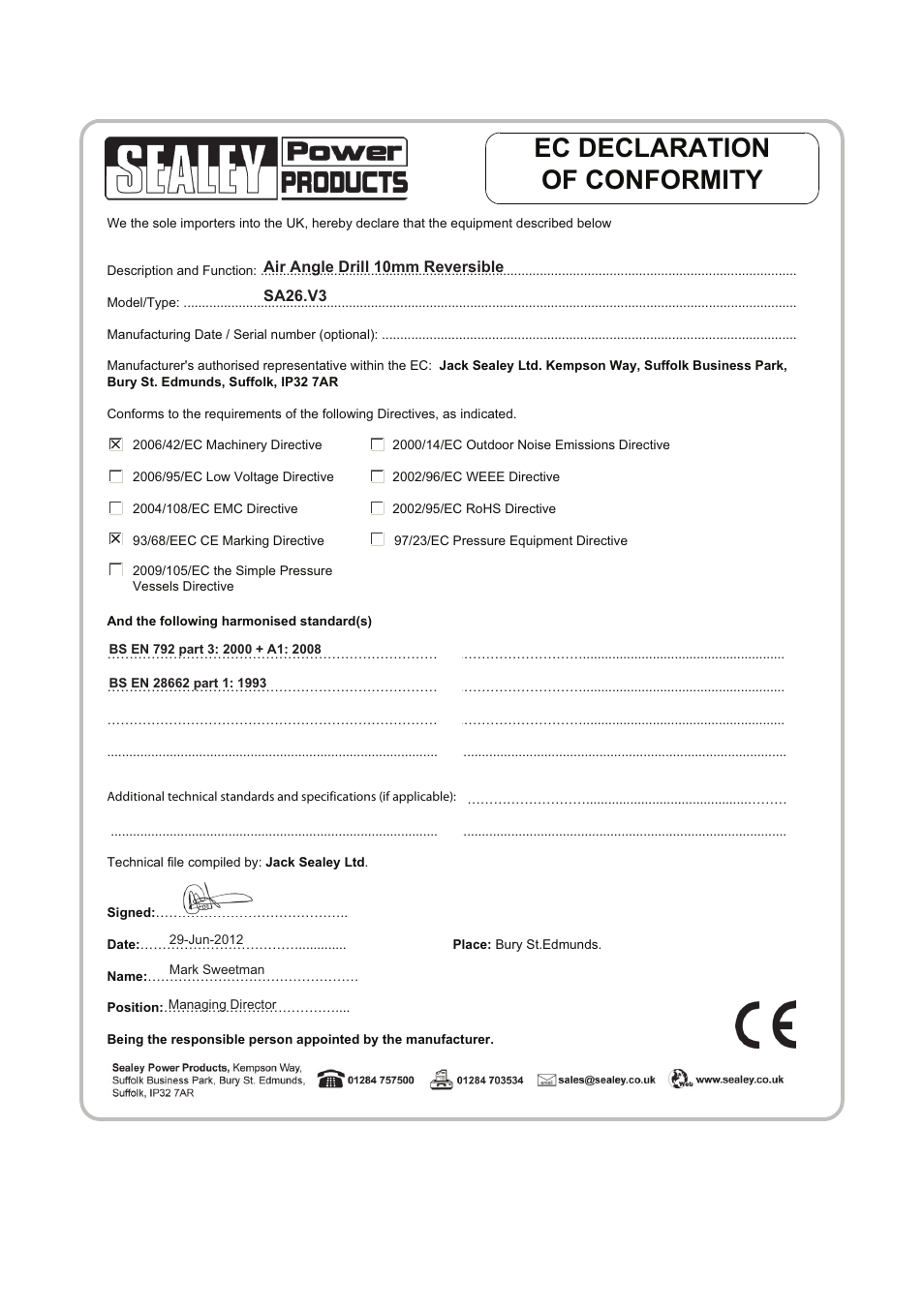 Ec declaration of conformity | Sealey SA26 User Manual | Page 5 / 5