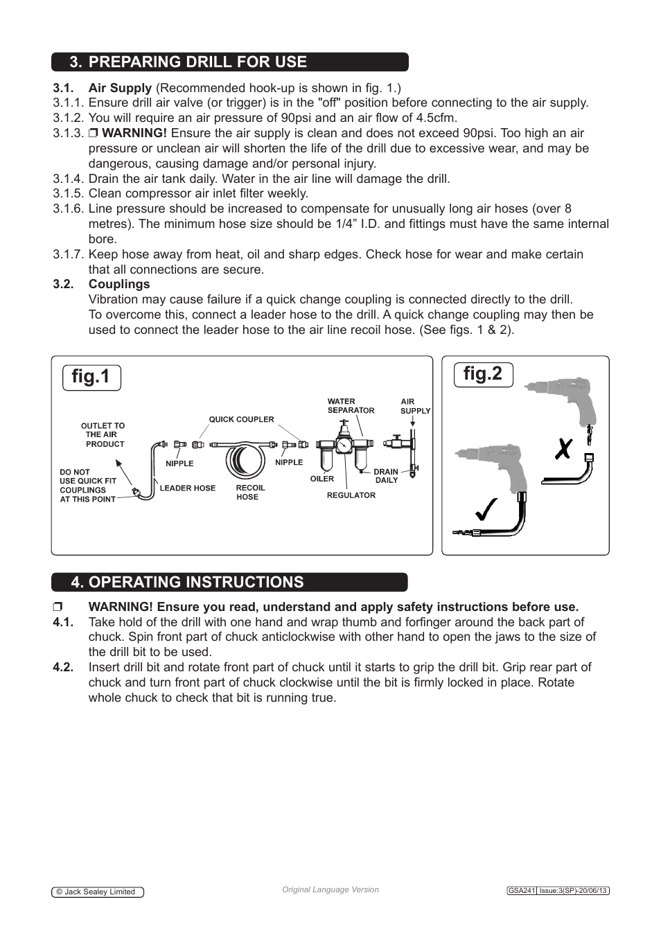 Fig.1 fig.2, Preparing drill for use 4. operating instructions | Sealey GSA241 User Manual | Page 2 / 4