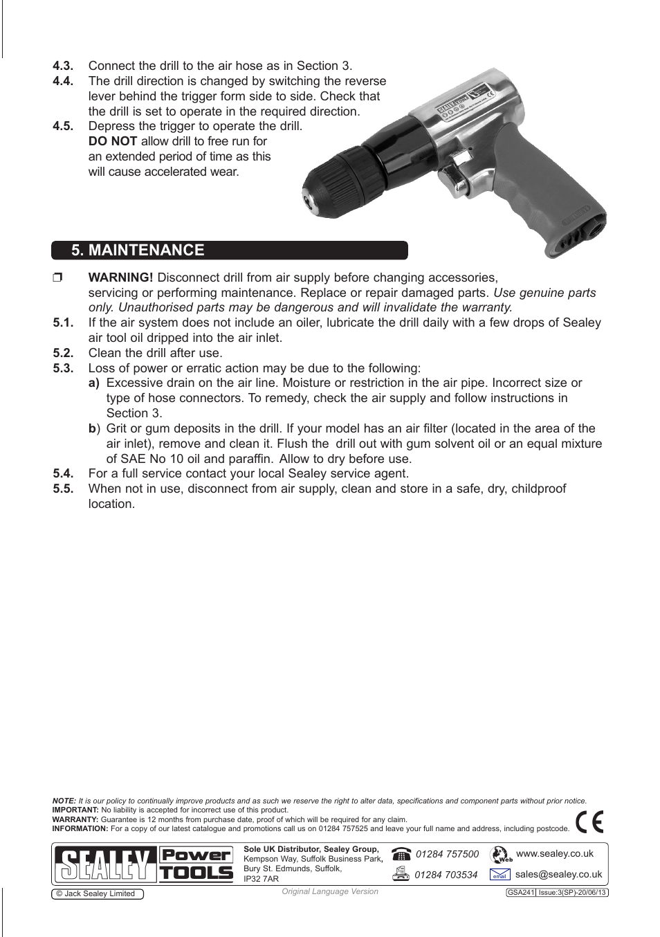 Maintenance | Sealey GSA241 User Manual | Page 3 / 4