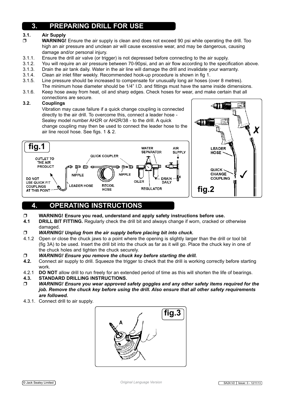 Fig.2 fig.1, Fig.3, Preparing drill for use 4. operating instructions | Sealey SA24 User Manual | Page 2 / 4