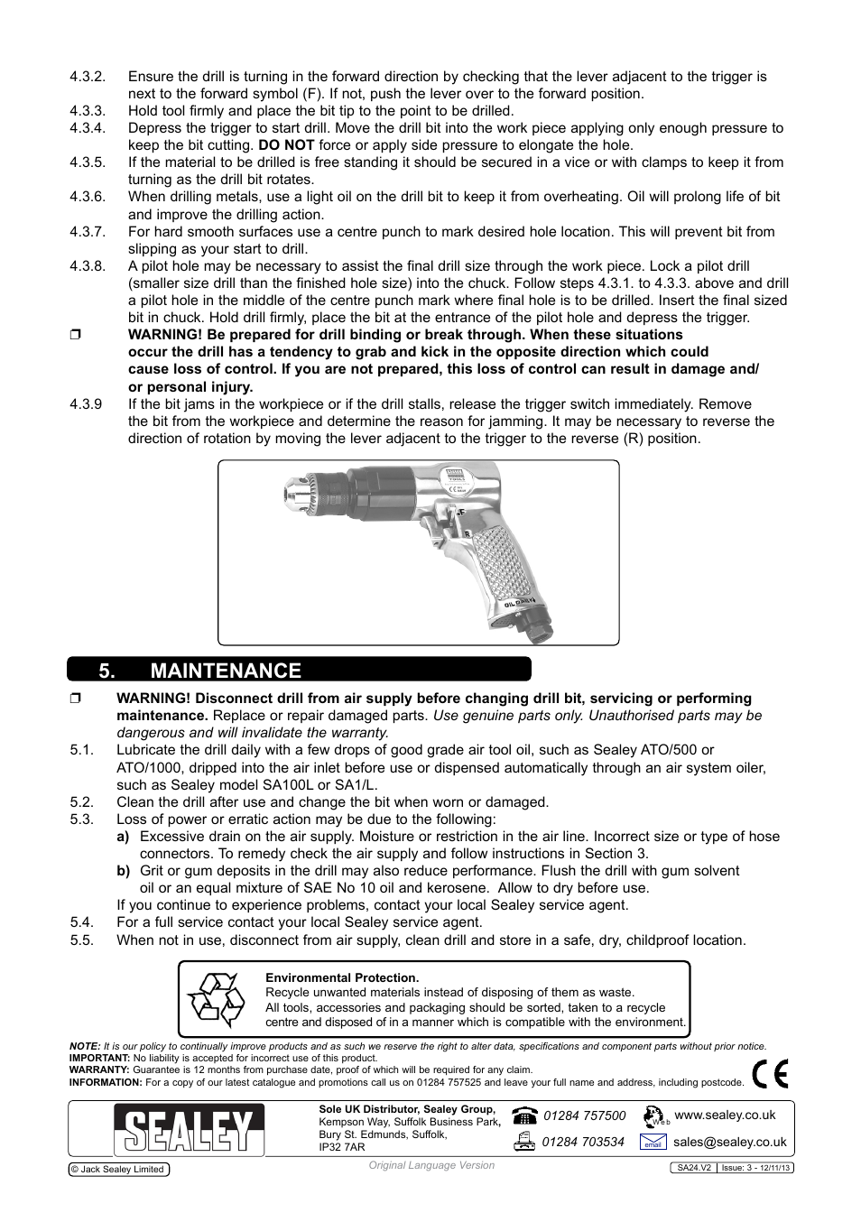 Maintenance | Sealey SA24 User Manual | Page 3 / 4