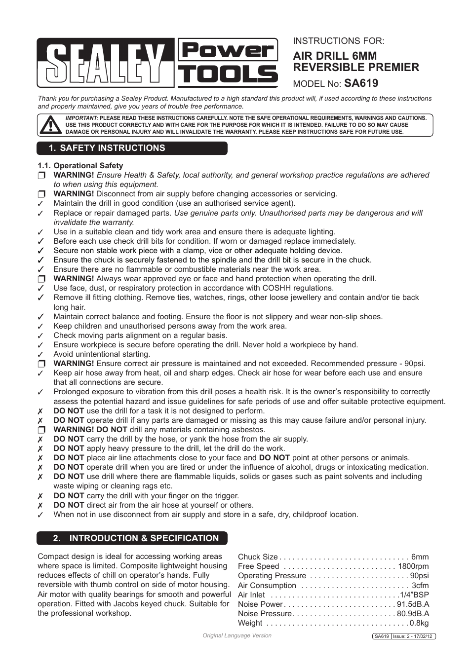 Sealey SA619 User Manual | 3 pages