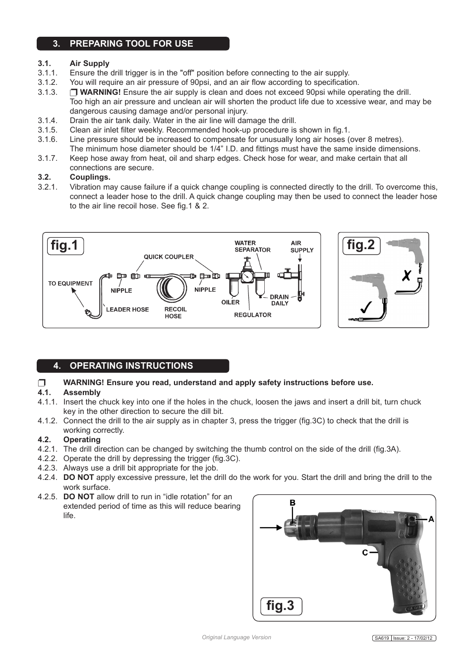 Fig.1, Fig.3 fig.2 | Sealey SA619 User Manual | Page 2 / 3