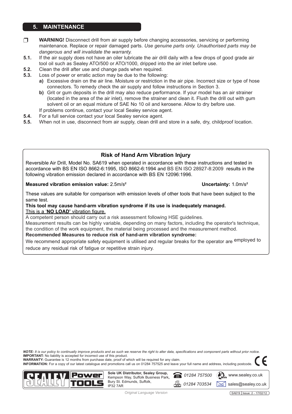 Risk of hand arm vibration injury, Maintenance | Sealey SA619 User Manual | Page 3 / 3