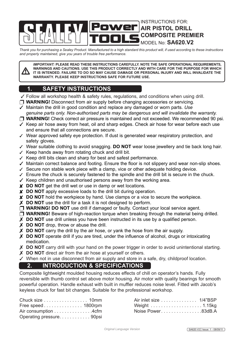 Sealey SA620 User Manual | 3 pages