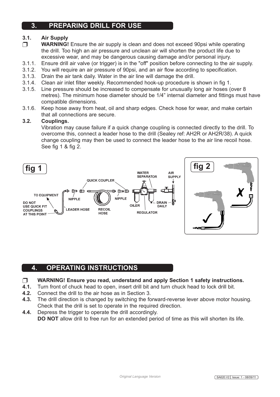 Fig 1 fig 2, Preparing drill for use 4. operating instructions | Sealey SA620 User Manual | Page 2 / 3