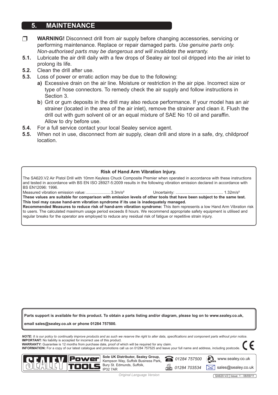 Maintenance | Sealey SA620 User Manual | Page 3 / 3