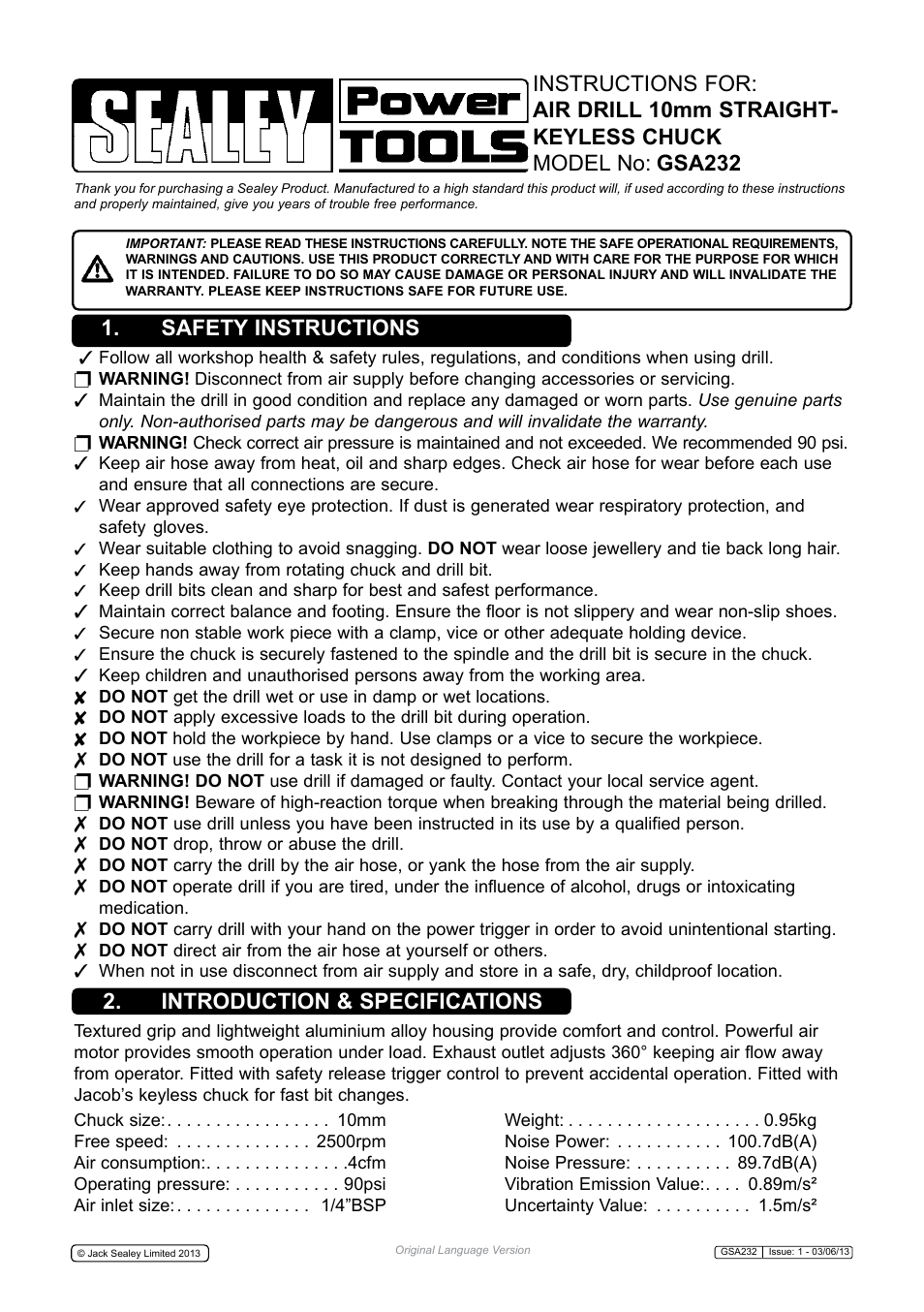 Sealey GSA232 User Manual | 4 pages