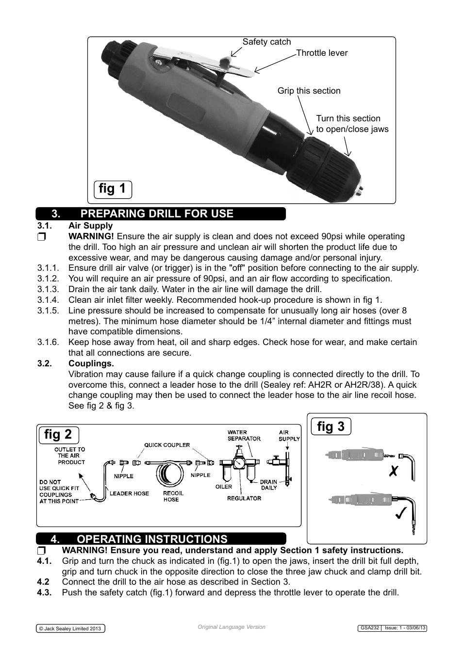 Fig 3, Fig 1 fig 2, Preparing drill for use 4. operating instructions | Sealey GSA232 User Manual | Page 2 / 4