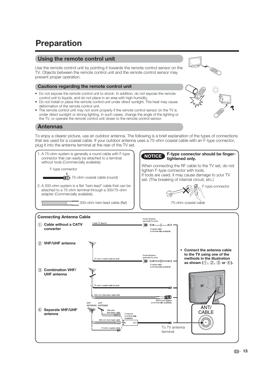 Preparation, Antennas, Using the remote control unit | Dolby Laboratories LC-19SB25U User Manual | Page 13 / 55