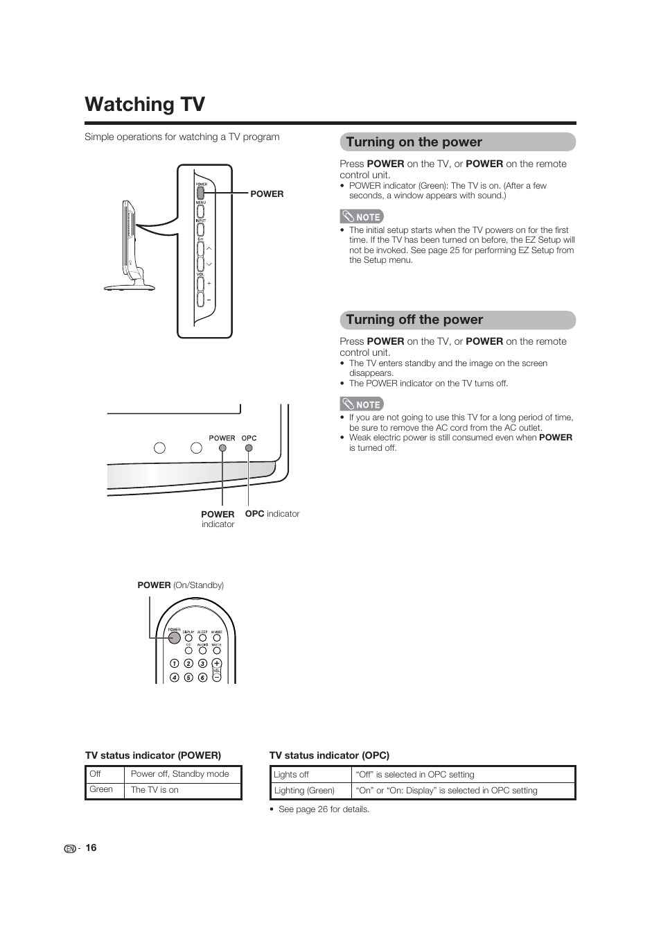 Watching tv, Turning on the power, Turning off the power | Dolby Laboratories LC-19SB25U User Manual | Page 16 / 55