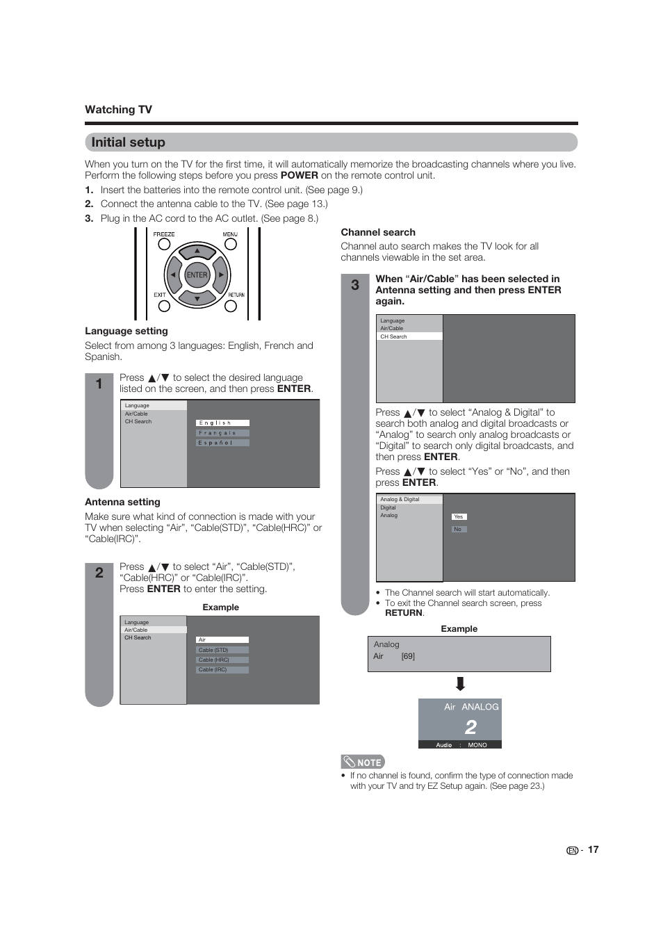 Initial setup, Watching tv | Dolby Laboratories LC-19SB25U User Manual | Page 17 / 55