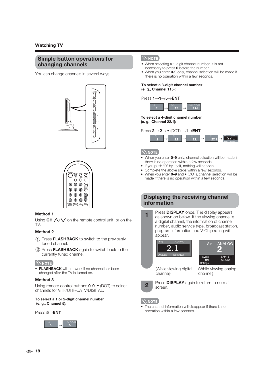 Simple button operations for changing channels, Displaying the receiving channel information | Dolby Laboratories LC-19SB25U User Manual | Page 18 / 55