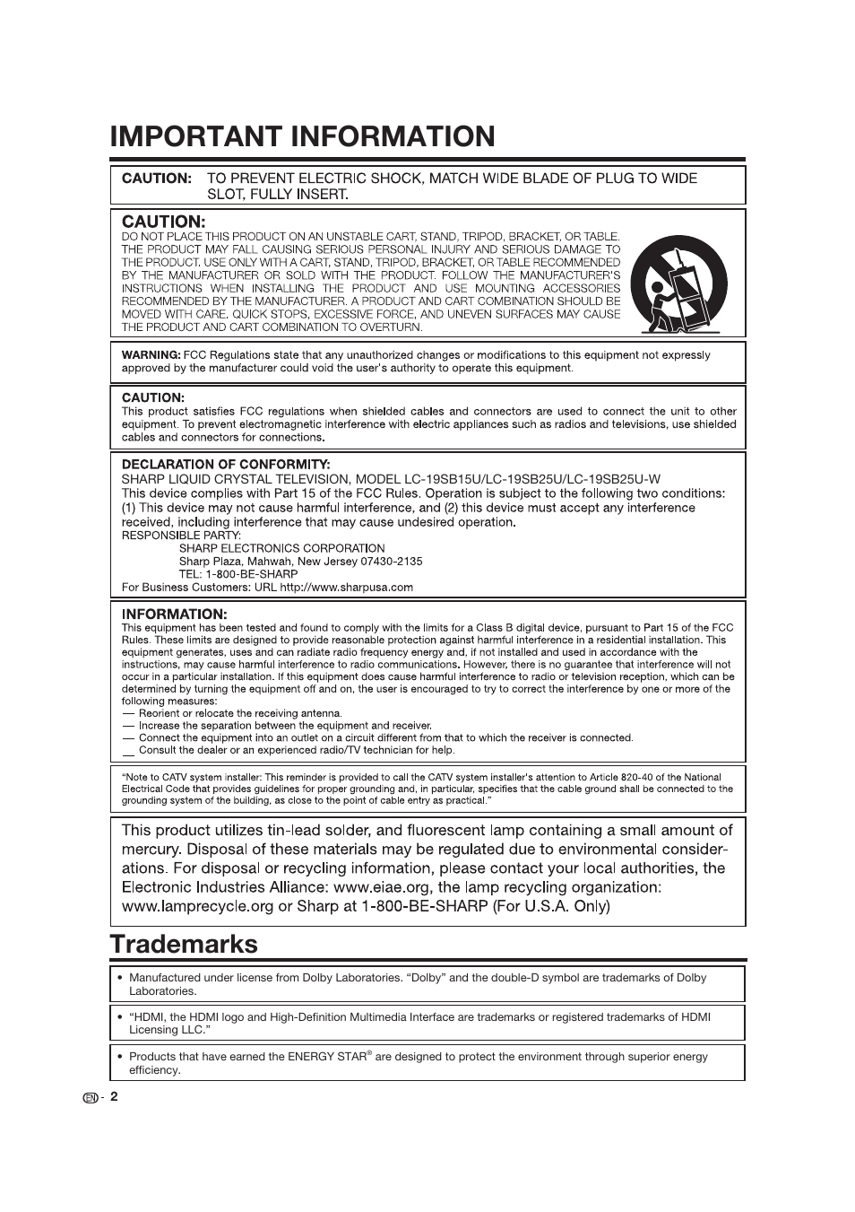 Important information, Trademarks | Dolby Laboratories LC-19SB25U User Manual | Page 2 / 55