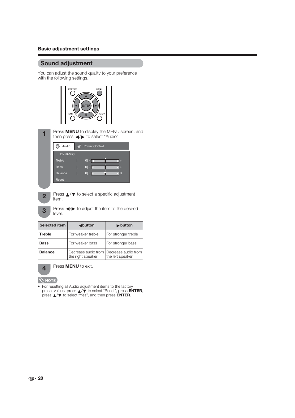 Sound adjustment | Dolby Laboratories LC-19SB25U User Manual | Page 28 / 55