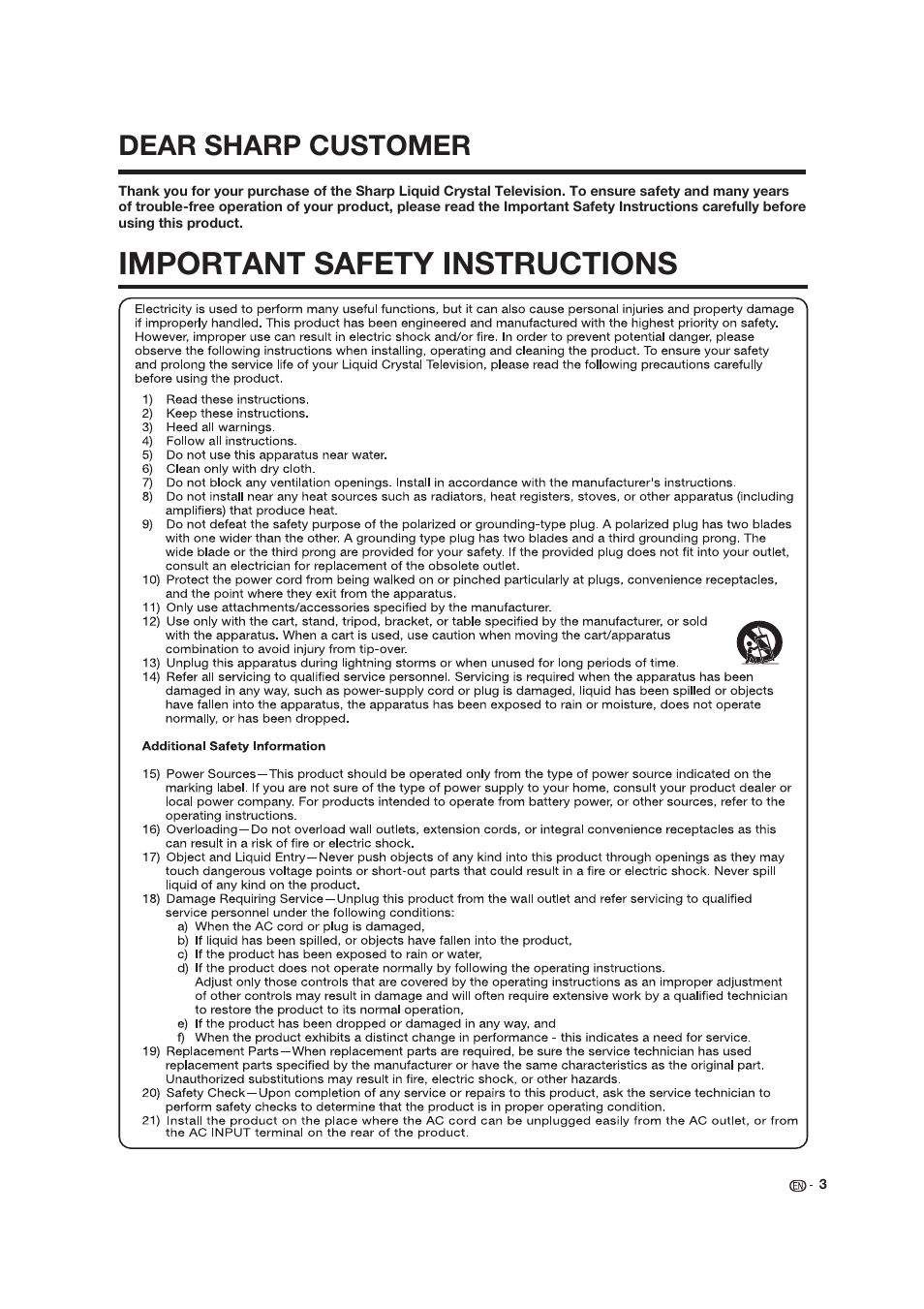 Important safety instructions, Dear sharp customer | Dolby Laboratories LC-19SB25U User Manual | Page 3 / 55