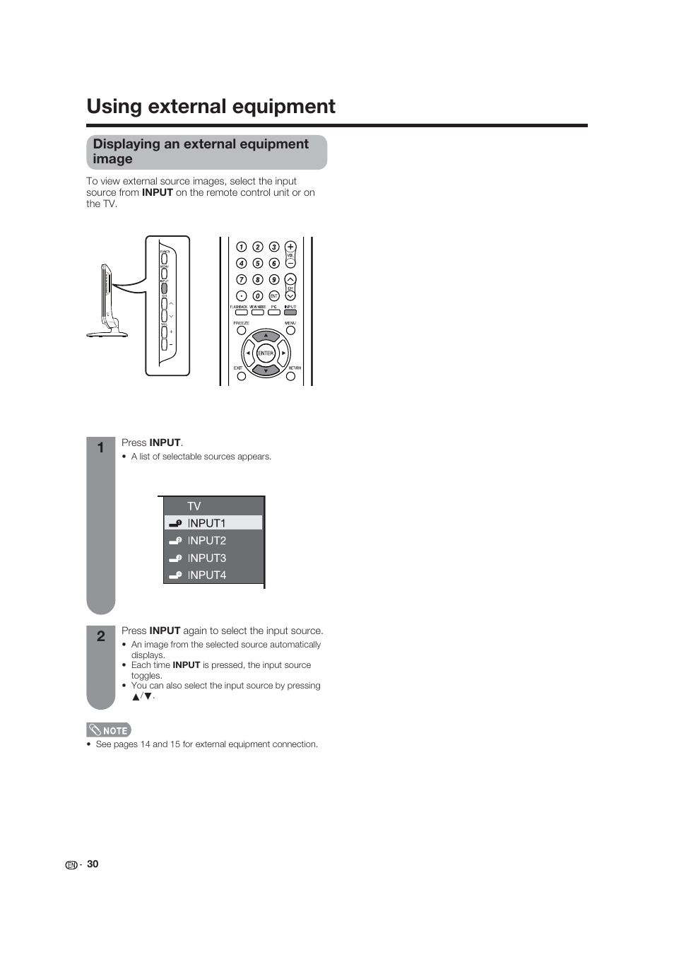 Using external equipment, Displaying an external equipment image | Dolby Laboratories LC-19SB25U User Manual | Page 30 / 55