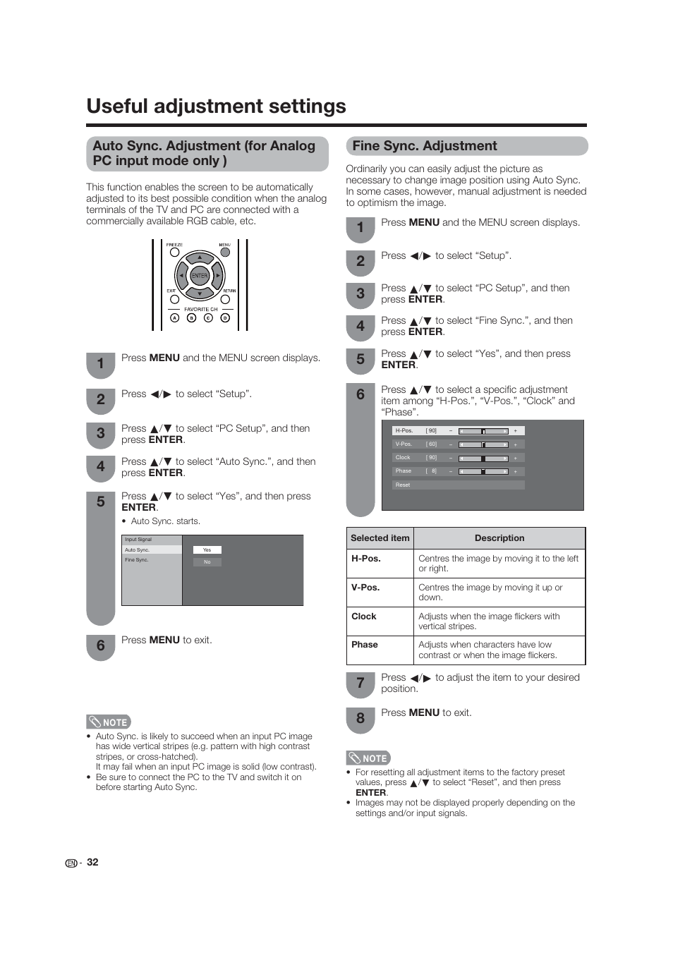 Useful adjustment settings, Fine sync. adjustment | Dolby Laboratories LC-19SB25U User Manual | Page 32 / 55