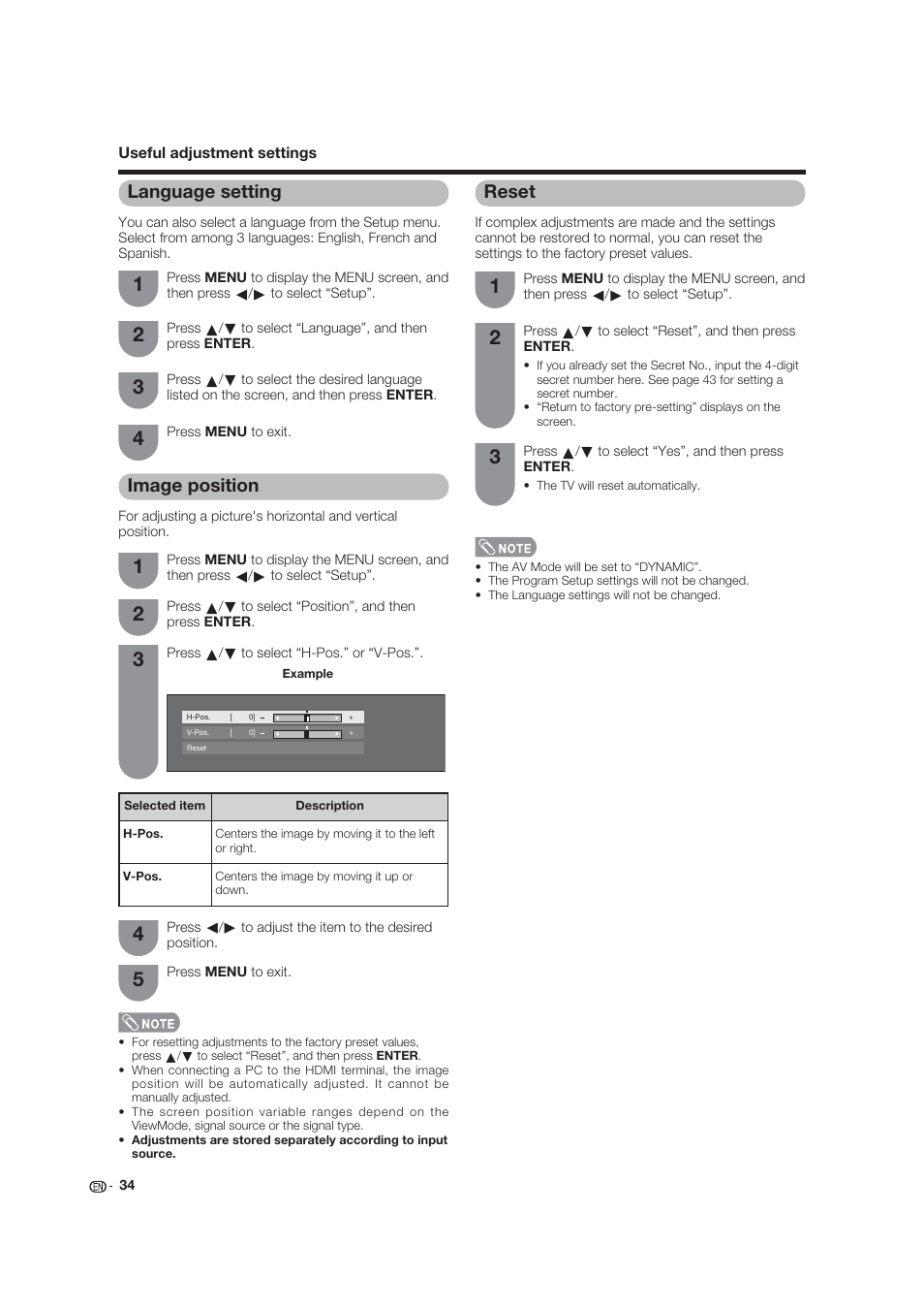 Reset, Image position, Language setting | Dolby Laboratories LC-19SB25U User Manual | Page 34 / 55