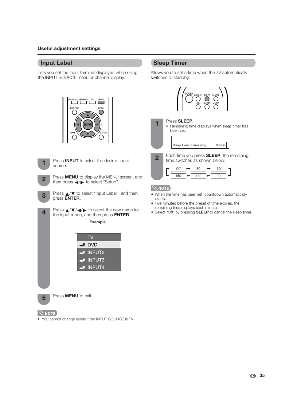 Input label, Sleep timer | Dolby Laboratories LC-19SB25U User Manual | Page 35 / 55