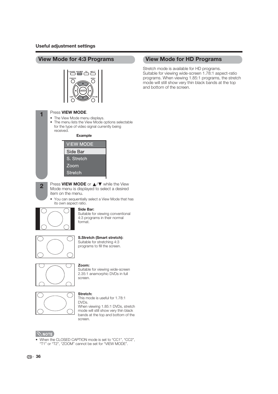 View mode for 4:3 programs, View mode for hd programs | Dolby Laboratories LC-19SB25U User Manual | Page 36 / 55