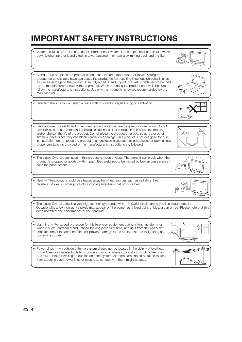 Important safety instructions | Dolby Laboratories LC-19SB25U User Manual | Page 4 / 55