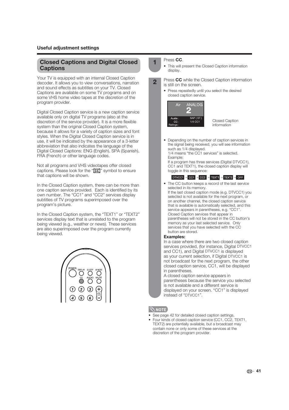 Closed captions and digital closed captions | Dolby Laboratories LC-19SB25U User Manual | Page 41 / 55