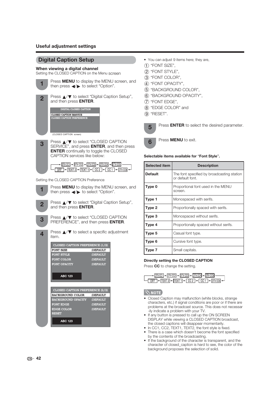 Digital caption setup | Dolby Laboratories LC-19SB25U User Manual | Page 42 / 55