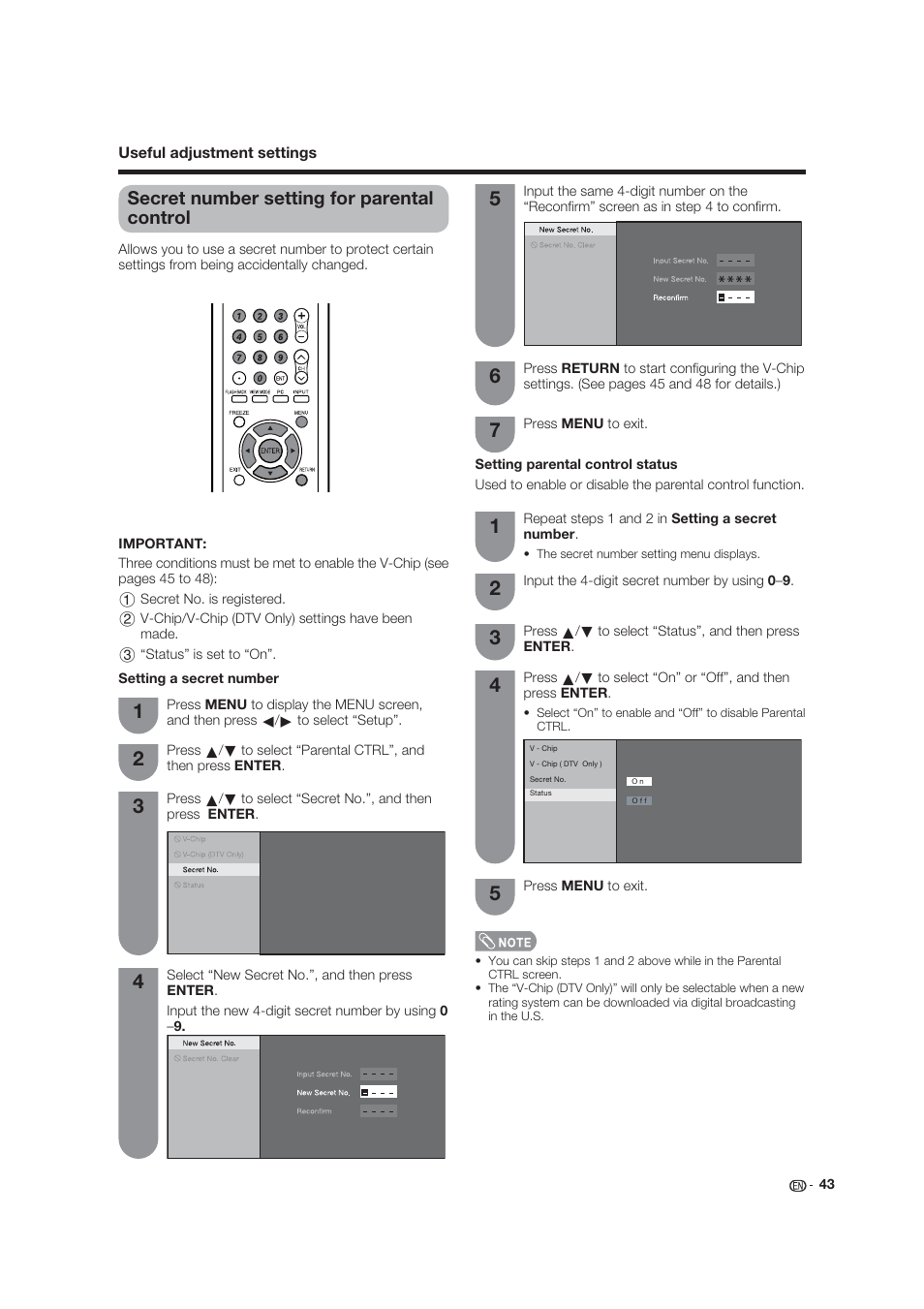 Secret number setting for parental control | Dolby Laboratories LC-19SB25U User Manual | Page 43 / 55