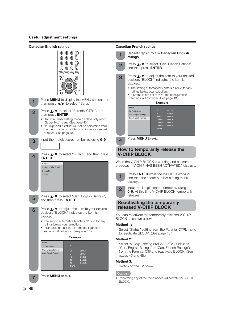 How to temporarily release the v-chip block, Reactivating the temporarily released v-chip block, Useful adjustment settings | Dolby Laboratories LC-19SB25U User Manual | Page 48 / 55