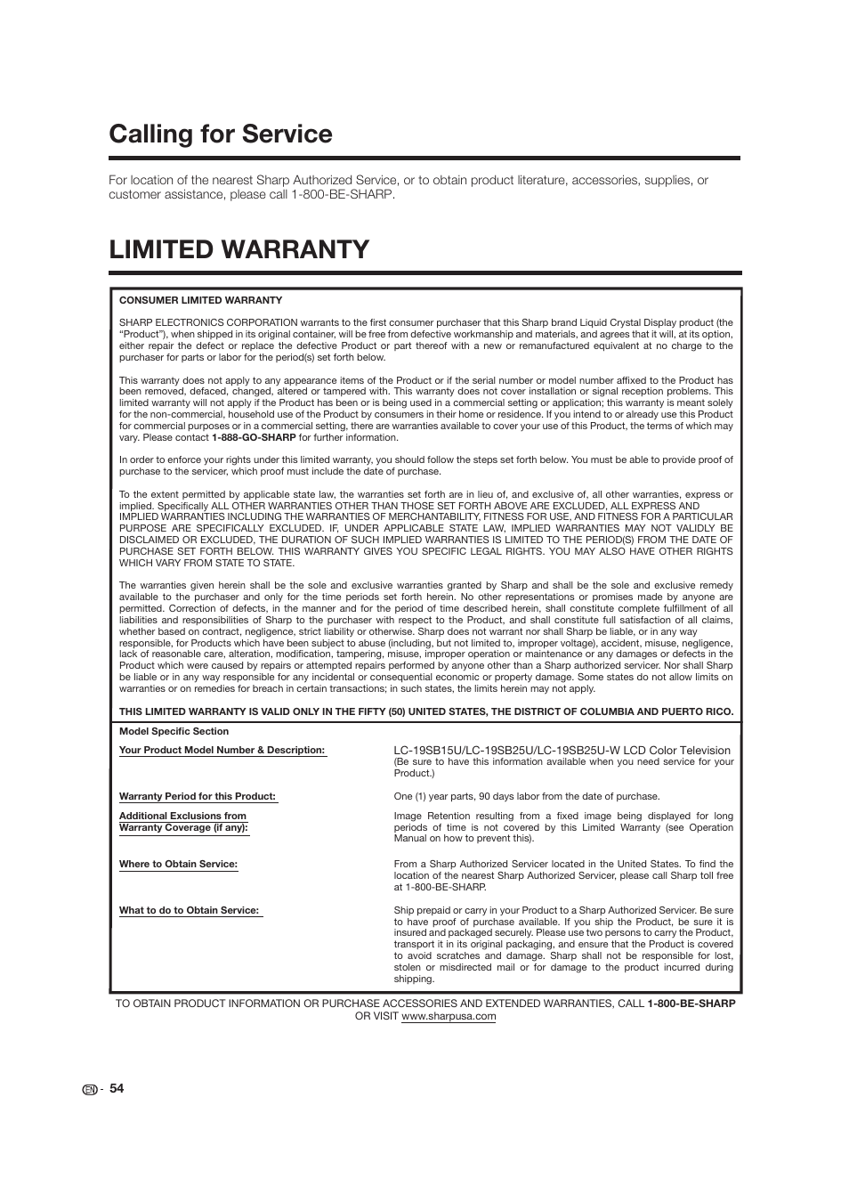 Calling for service limited warranty | Dolby Laboratories LC-19SB25U User Manual | Page 54 / 55