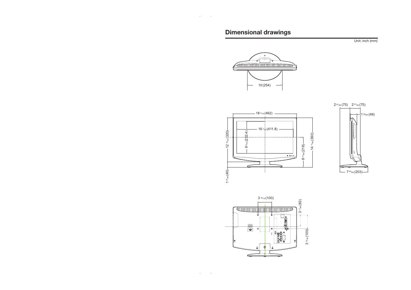 Dimensional drawings, Unit: inch (mm) 10 | Dolby Laboratories LC-19SB25U User Manual | Page 55 / 55