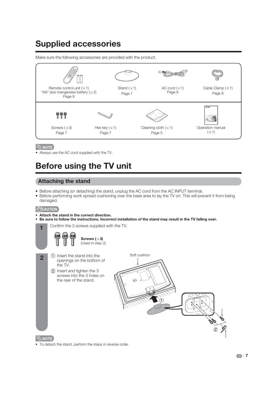 Supplied accessories, Before using the tv unit, Attaching the stand | Dolby Laboratories LC-19SB25U User Manual | Page 7 / 55