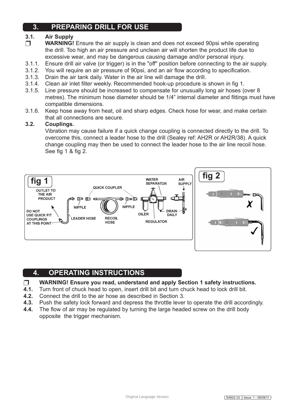 Fig 1 fig 2, Preparing drill for use 4. operating instructions | Sealey SA622 User Manual | Page 2 / 3