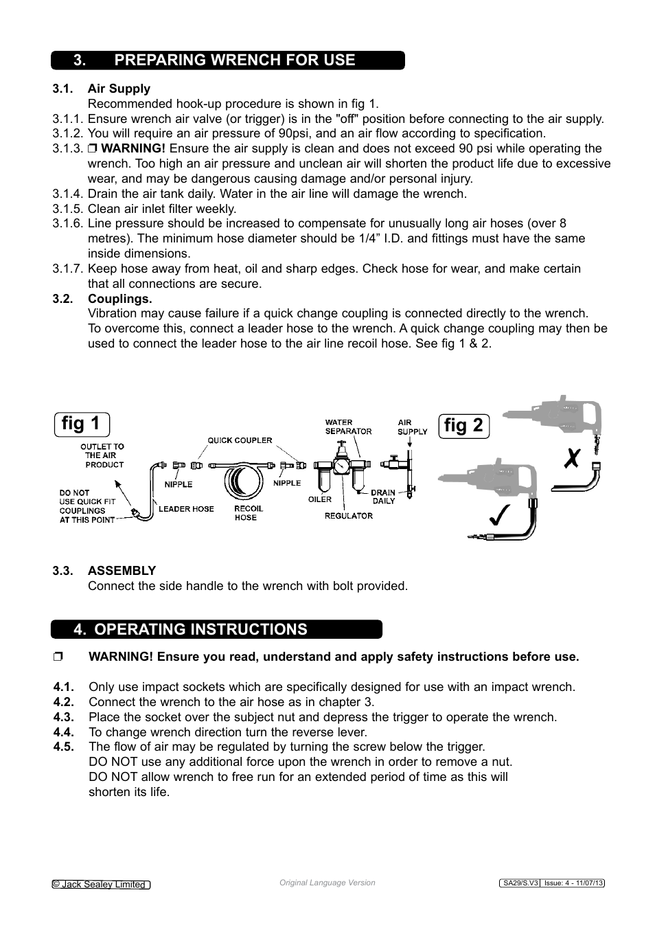 Fig 1, Fig 2, Preparing wrench for use 4. operating instructions | Sealey SA29/S User Manual | Page 2 / 4