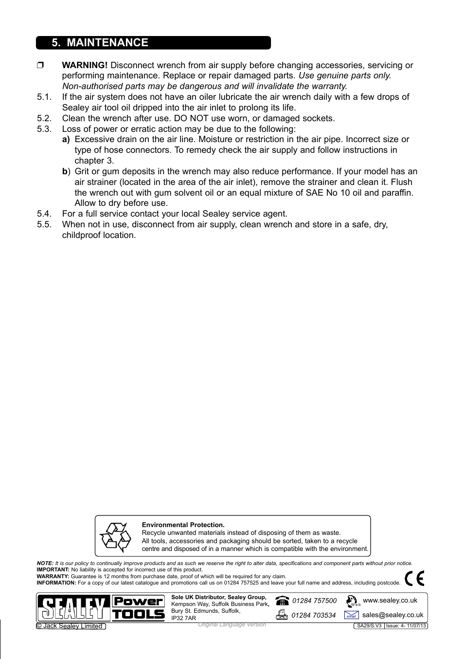 Maintenance | Sealey SA29/S User Manual | Page 3 / 4