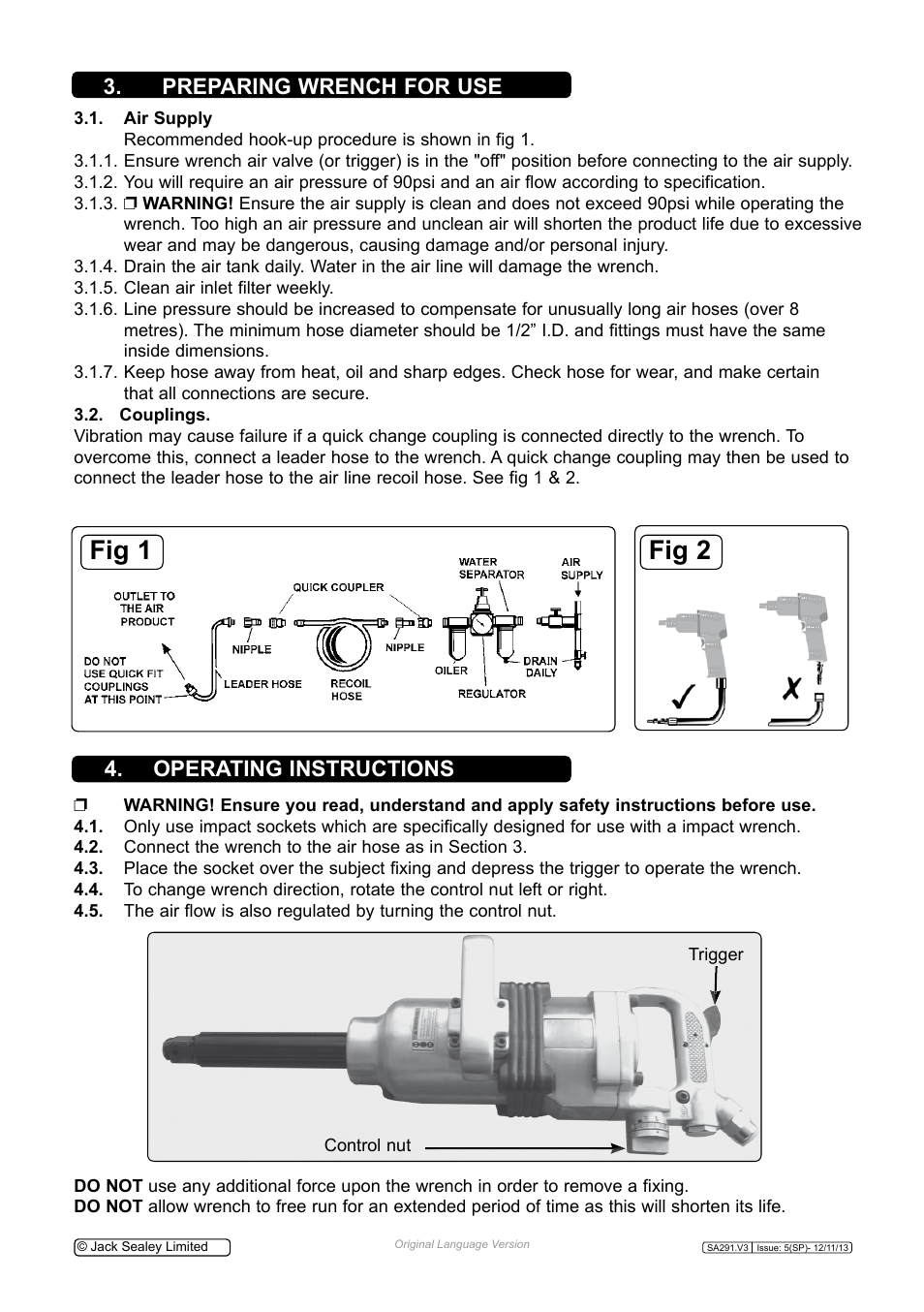 Fig 1 fig 2, Preparing wrench for use 4. operating instructions | Sealey SA291 User Manual | Page 2 / 4