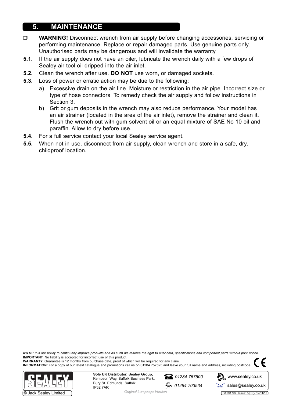 Maintenance | Sealey SA291 User Manual | Page 3 / 4