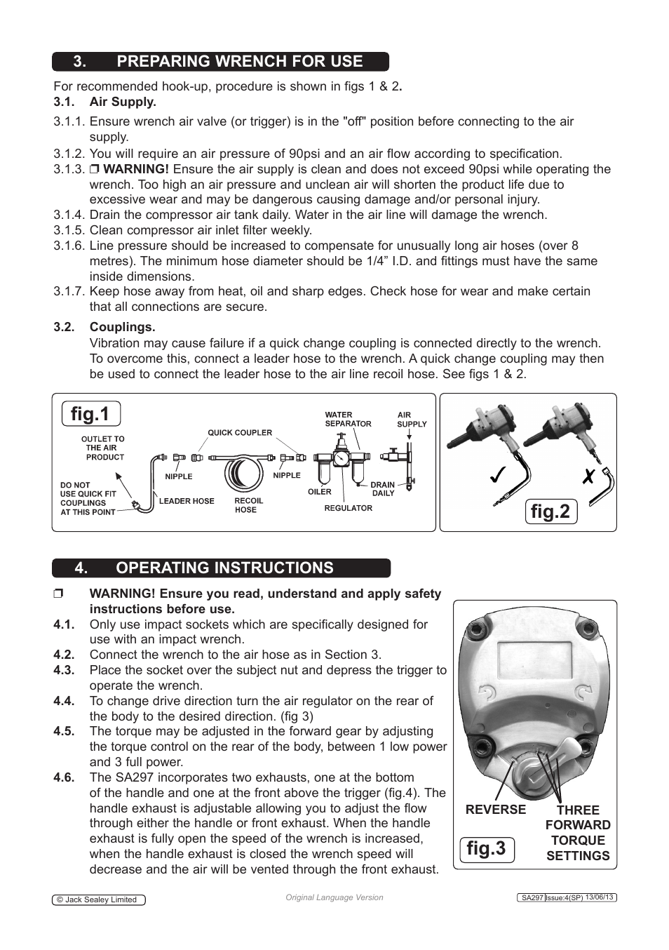 Fig.1 fig.2 fig.3, Preparing wrench for use 4. operating instructions | Sealey SA297 User Manual | Page 2 / 4