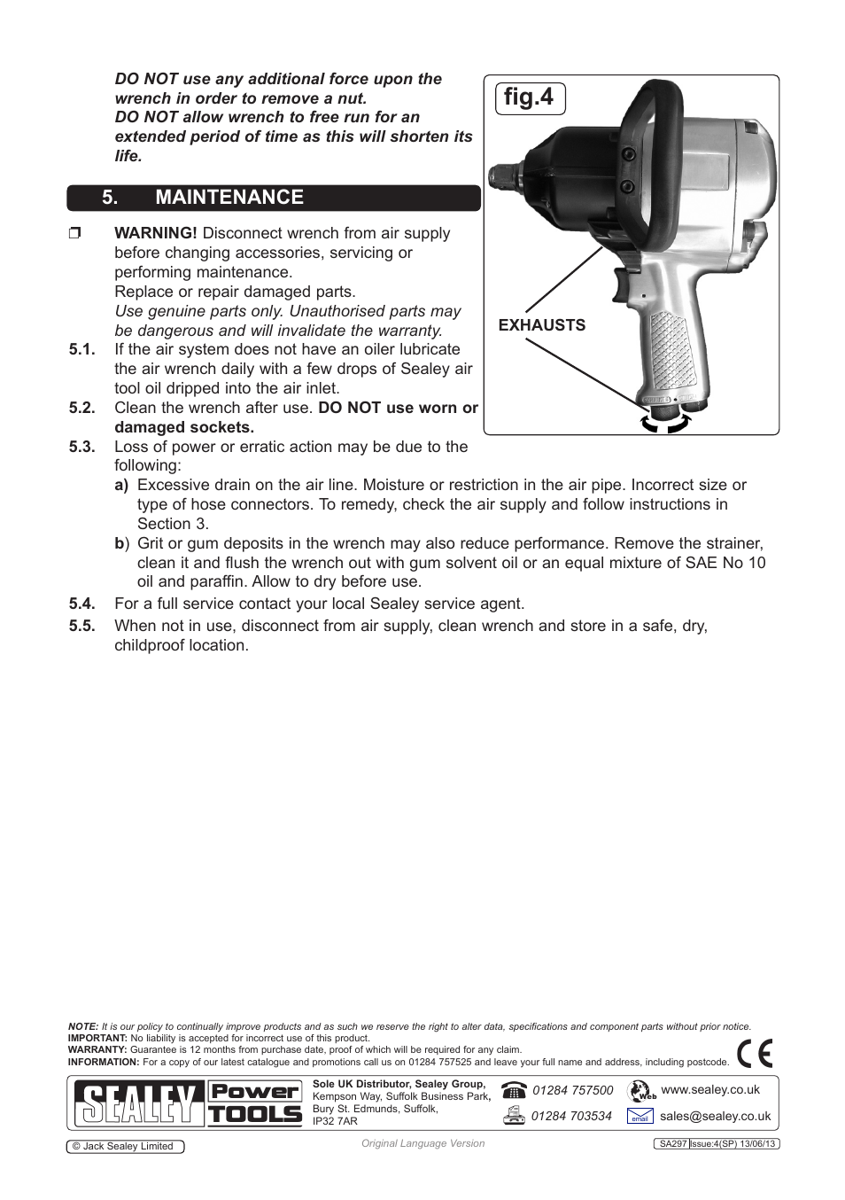 Fig.4, Maintenance | Sealey SA297 User Manual | Page 3 / 4