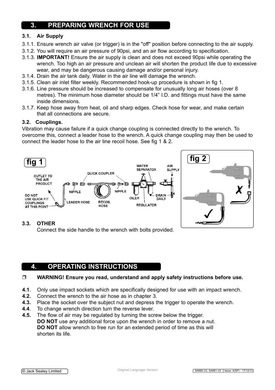 Fig 1, Fig 2, Preparing wrench for use 4. operating instructions | Sealey SA681 User Manual | Page 2 / 4