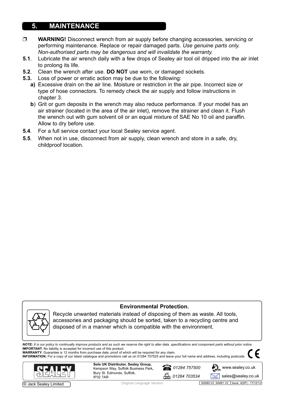 Maintenance | Sealey SA681 User Manual | Page 3 / 4