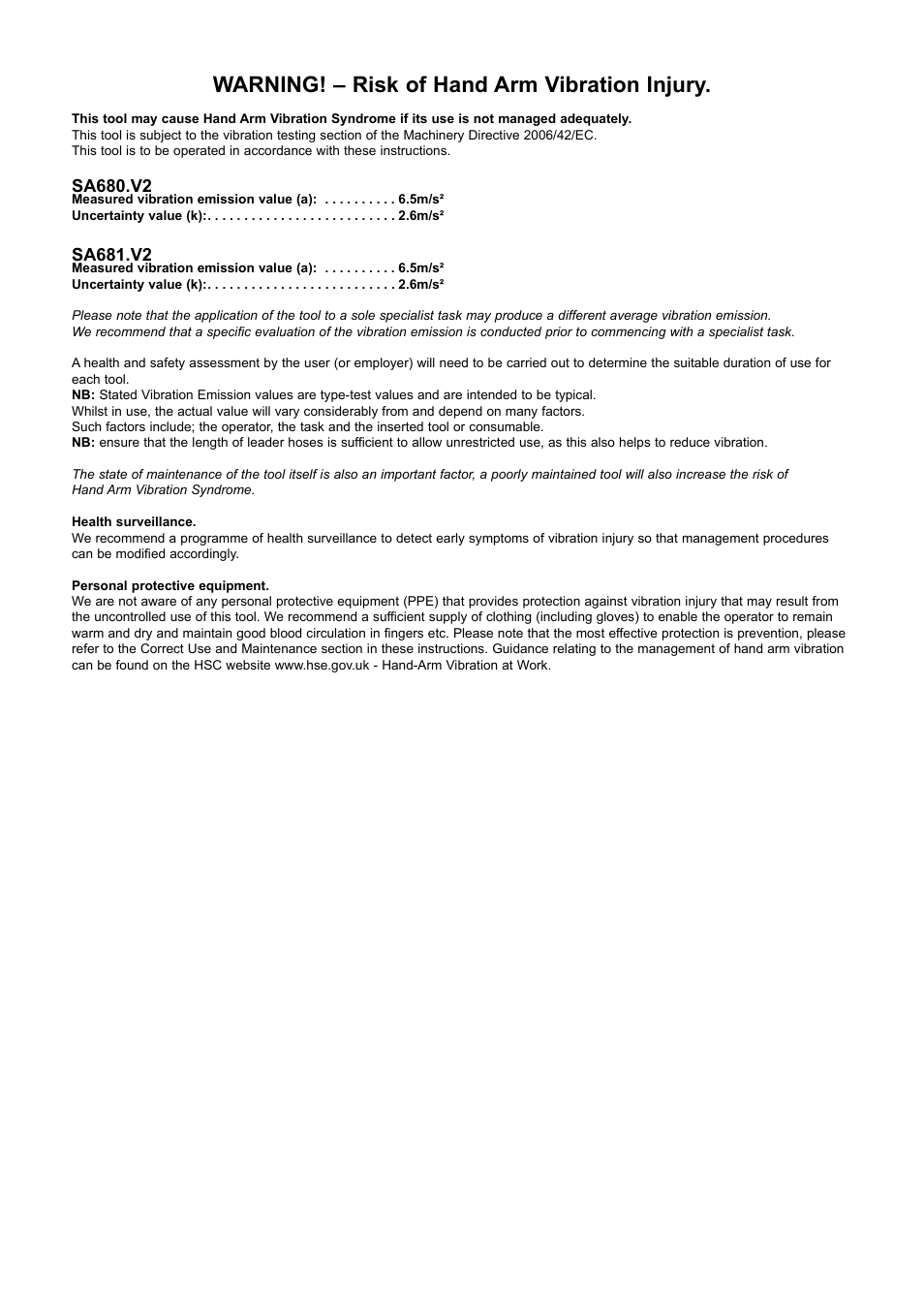 Warning! – risk of hand arm vibration injury, Sa680.v2, Sa681.v2 | Sealey SA681 User Manual | Page 4 / 4