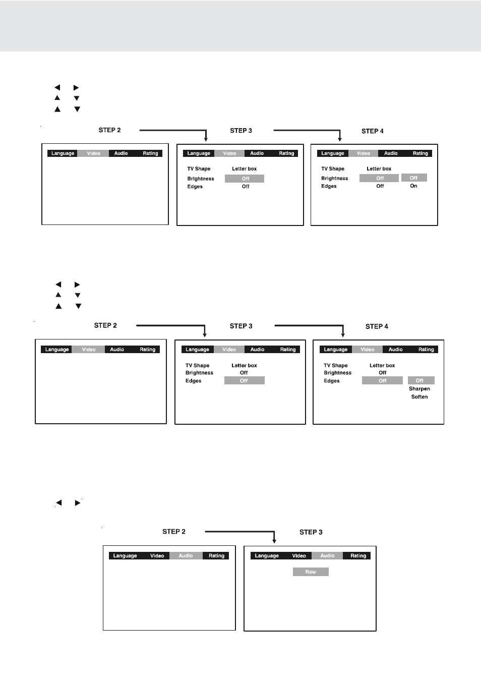 Customizing the function settings, Audio setting, Edges | Digital out, Brightness | Dolby Laboratories PVS177SG User Manual | Page 26 / 32